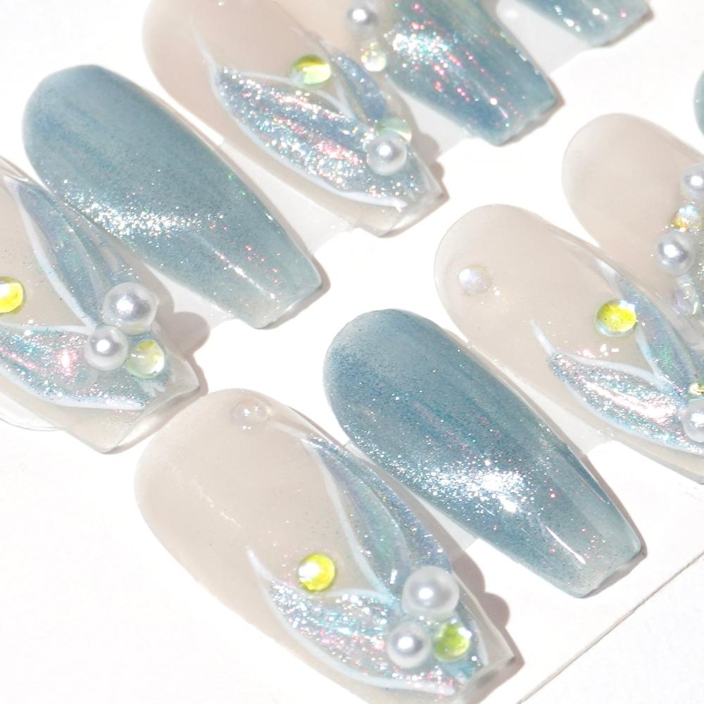 handmade blue cat eye fake nails with pearls-sheheraura