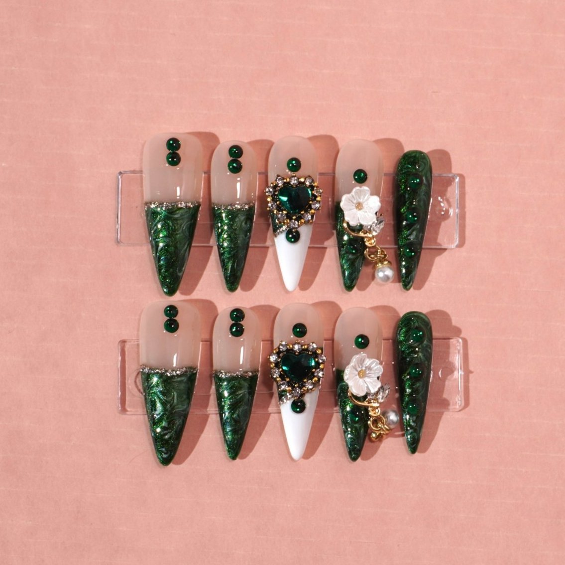 green french tips press on nail with rhinestones-sheheraura