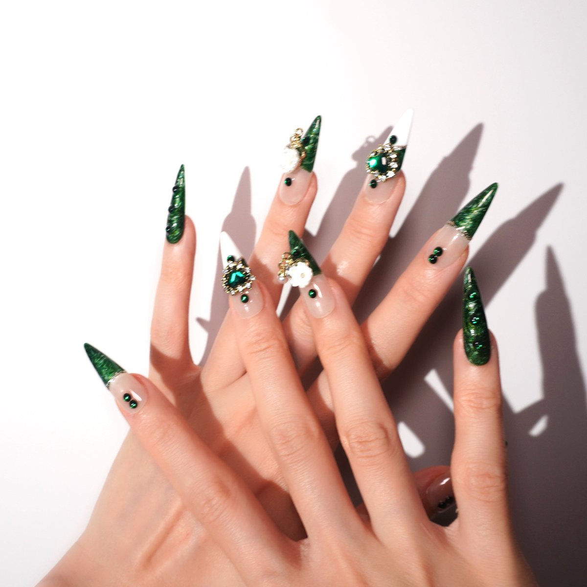 green french tips press on nail with rhinestones-sheheraura