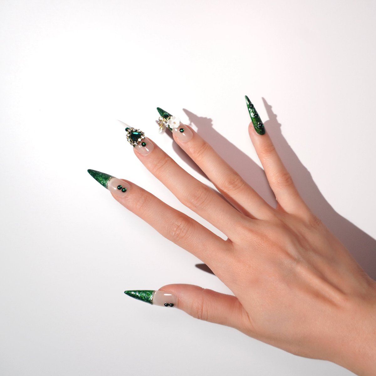 green french tips press on nail with rhinestones-sheheraura