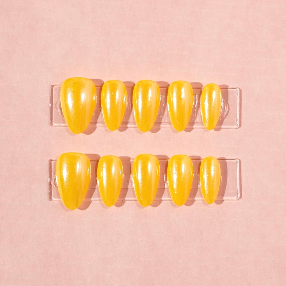 glossy short almond bright yellow press on nails-sheheraura