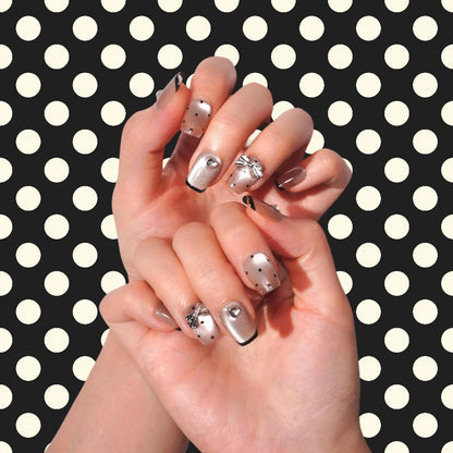 grey cat eye polka dot with bow fake nails-she her aura