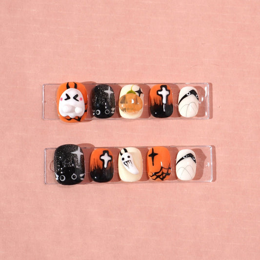 short halloween nail with pumpkin-sheheraura