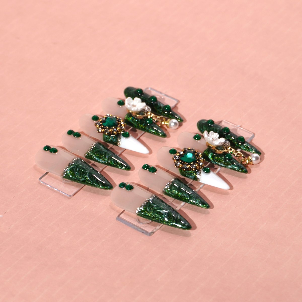 handmade long green french tips press on nails-sheheraura