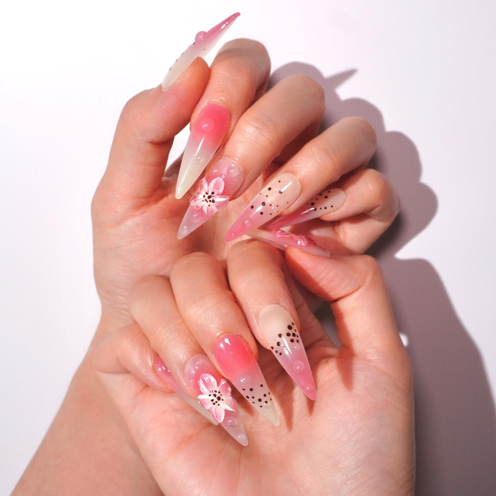 long pink ombre fake nails-she her aura