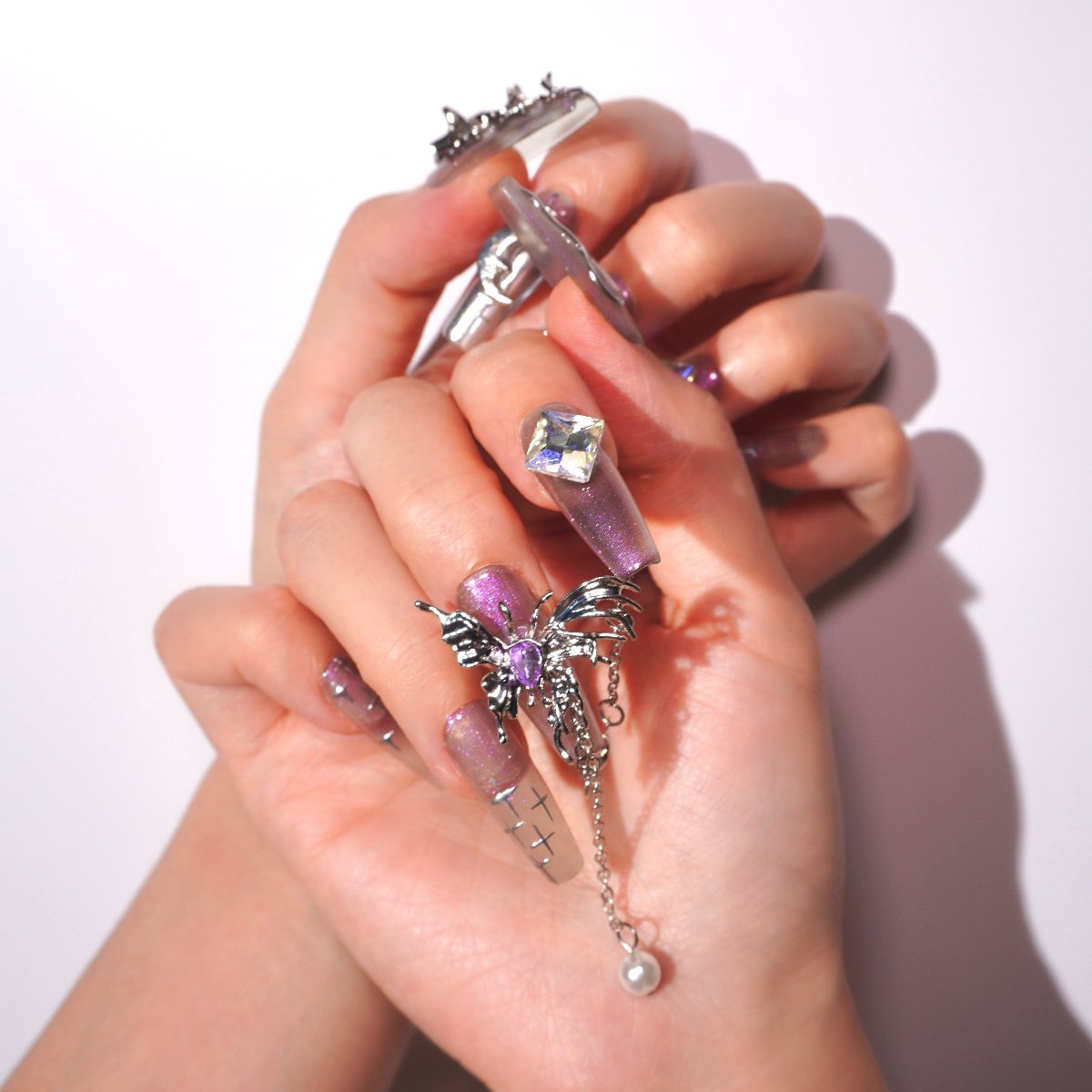 purple glazed fake nails with butterfly pendant-she her aura