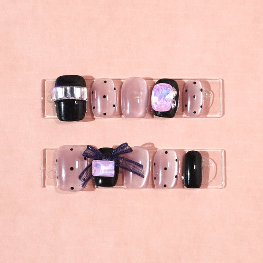 purple cat eye with black polka dot nails-sheheraura