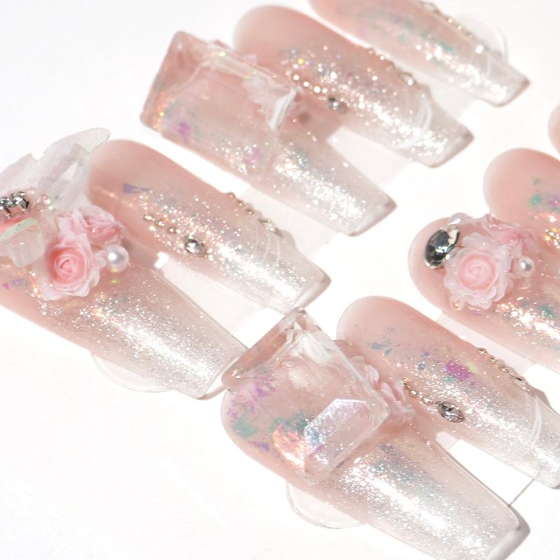 sparkle translucent pink press on nails with roses-sheheraura