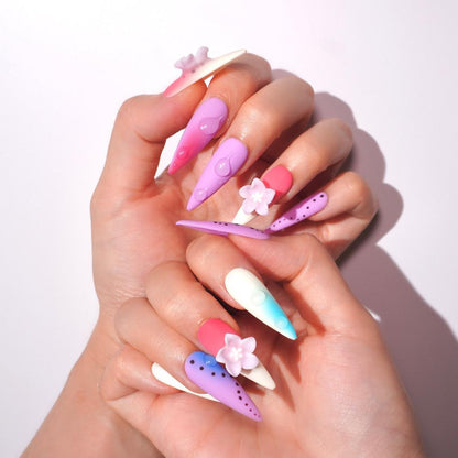 stiletto multi colors press on nails with 3d flowers-sheheraura