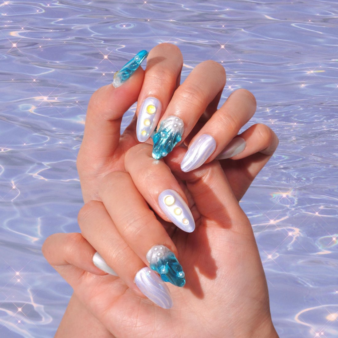 handmade ocean inspired fake nails-she her aura