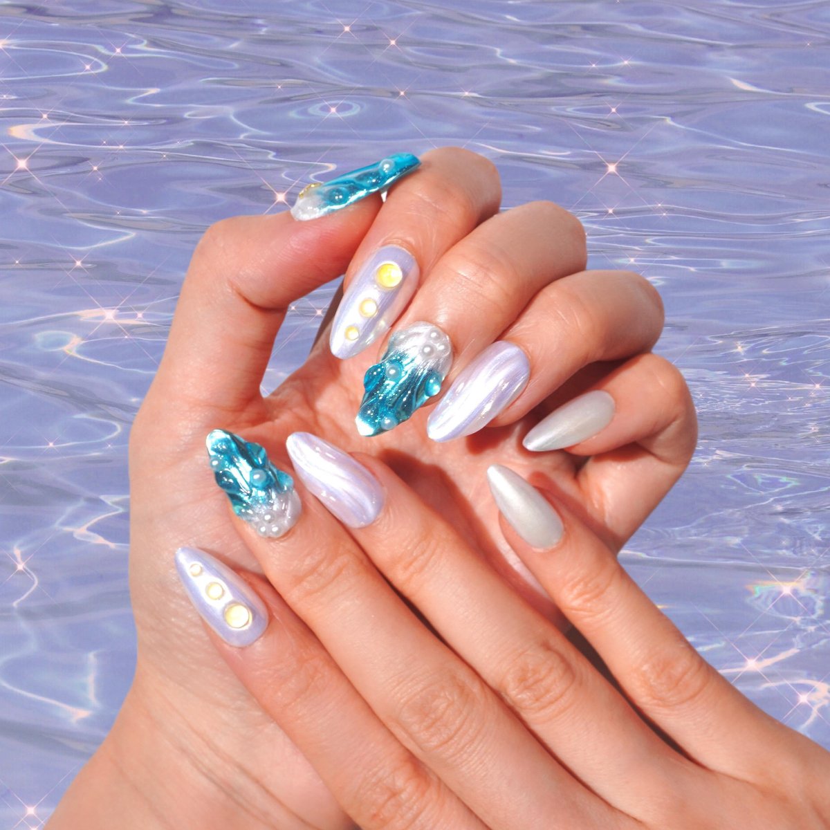 handmade ocean inspired press on nails-she her aura