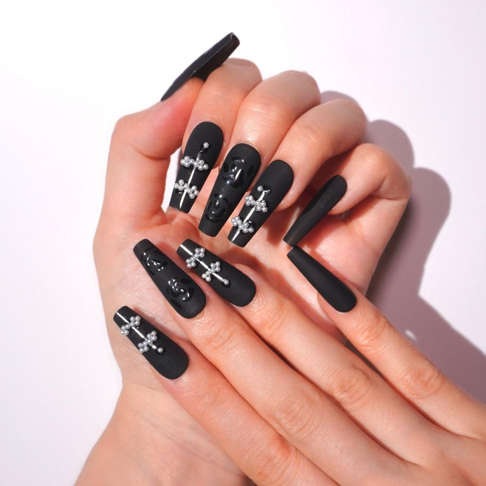 long matte black press on nails with pearls-sheheraura